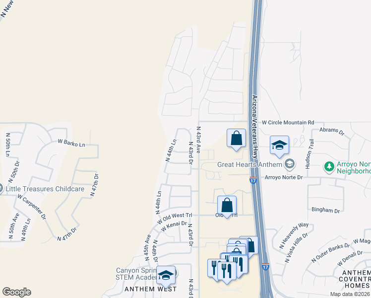 map of restaurants, bars, coffee shops, grocery stores, and more near 4312 West Dorsaneo Lane in Phoenix