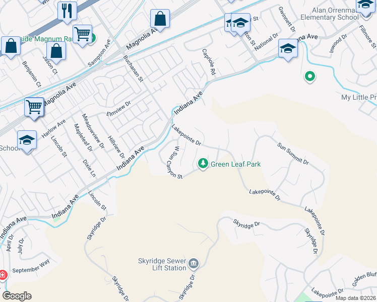 map of restaurants, bars, coffee shops, grocery stores, and more near 16273 Twilight Circle in Riverside