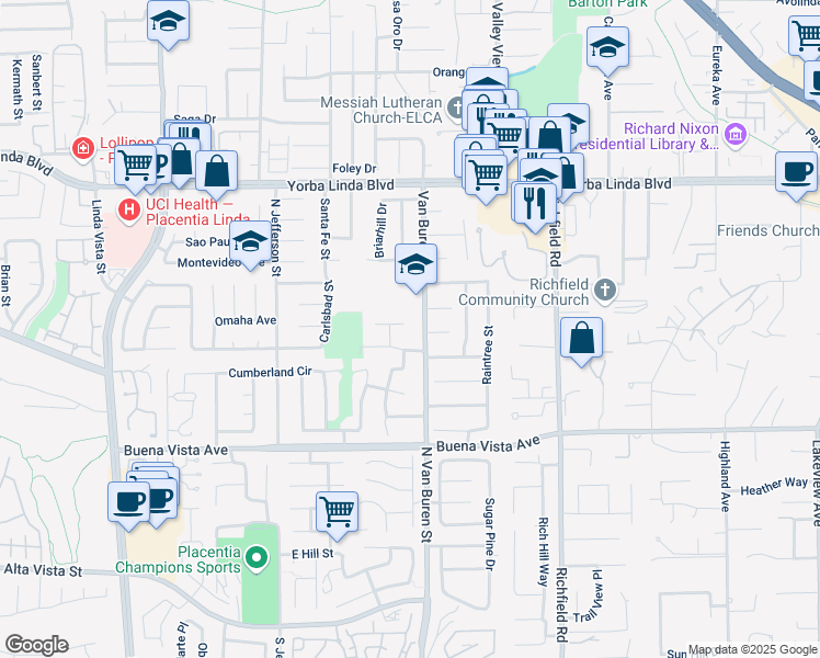 map of restaurants, bars, coffee shops, grocery stores, and more near 1536 Olympic Avenue in Placentia
