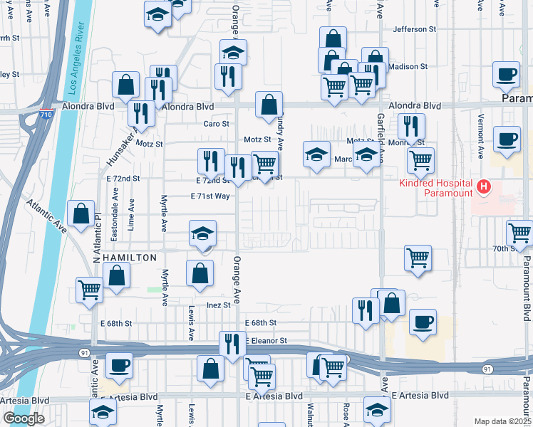 map of restaurants, bars, coffee shops, grocery stores, and more near 16600 Orange Avenue in Paramount