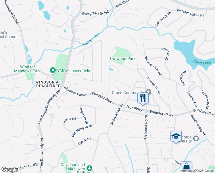 map of restaurants, bars, coffee shops, grocery stores, and more near 3182 Windsor Lake Drive Northeast in Atlanta