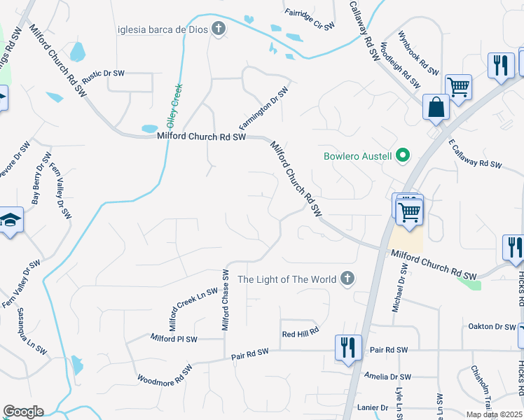 map of restaurants, bars, coffee shops, grocery stores, and more near 3078 Milford Chase Southwest in Marietta