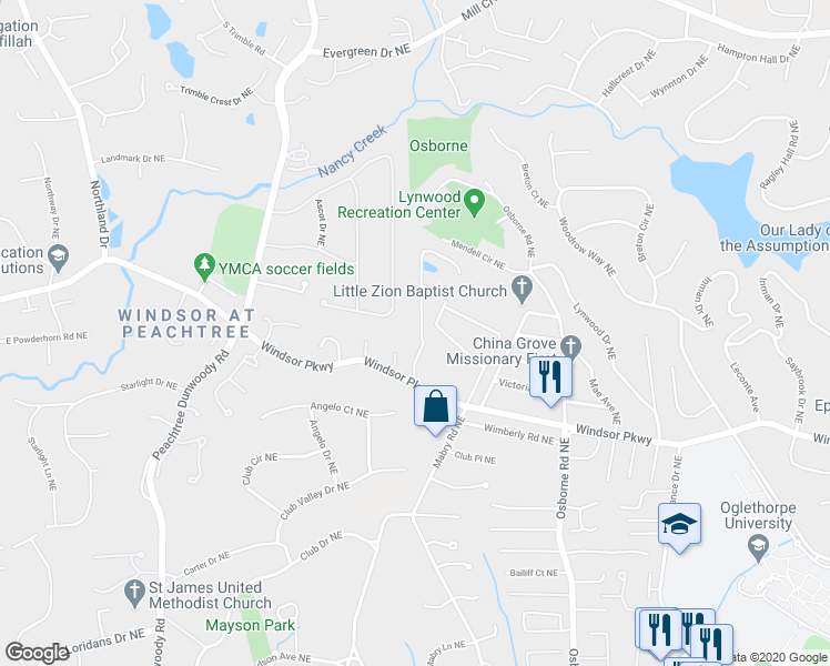 map of restaurants, bars, coffee shops, grocery stores, and more near 3182 Windsor Lake Drive Northeast in Atlanta