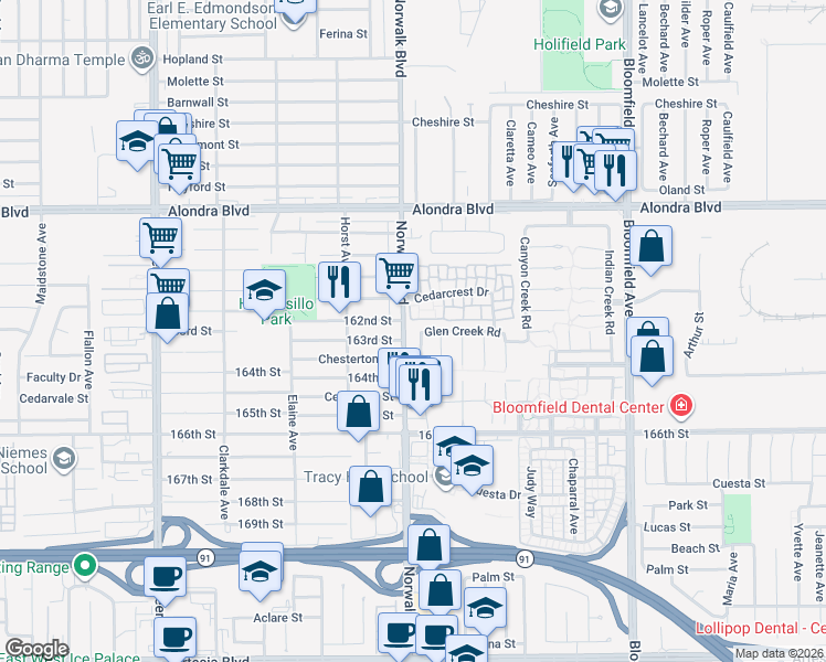 map of restaurants, bars, coffee shops, grocery stores, and more near 16213 Spring Park Lane in Cerritos