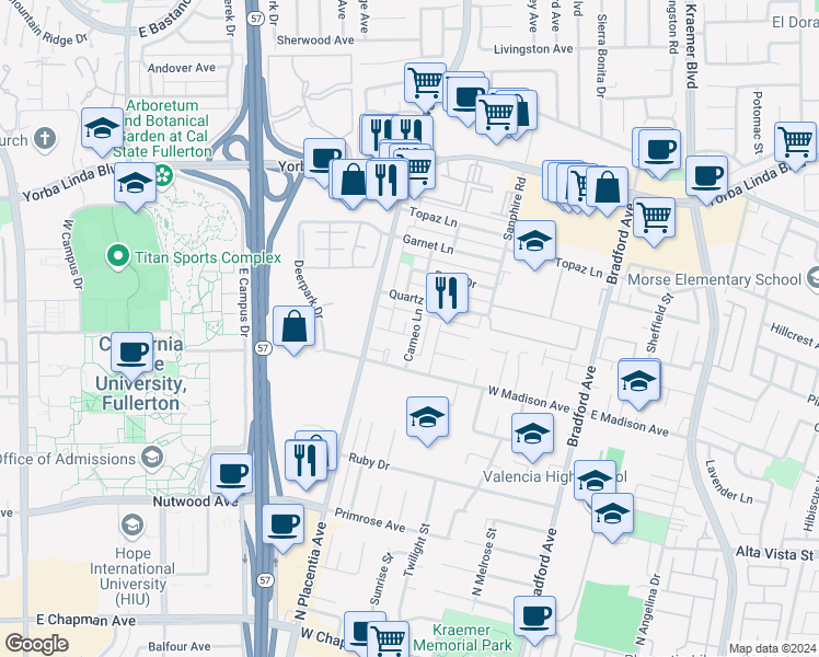map of restaurants, bars, coffee shops, grocery stores, and more near 1305 Cameo Lane in Fullerton