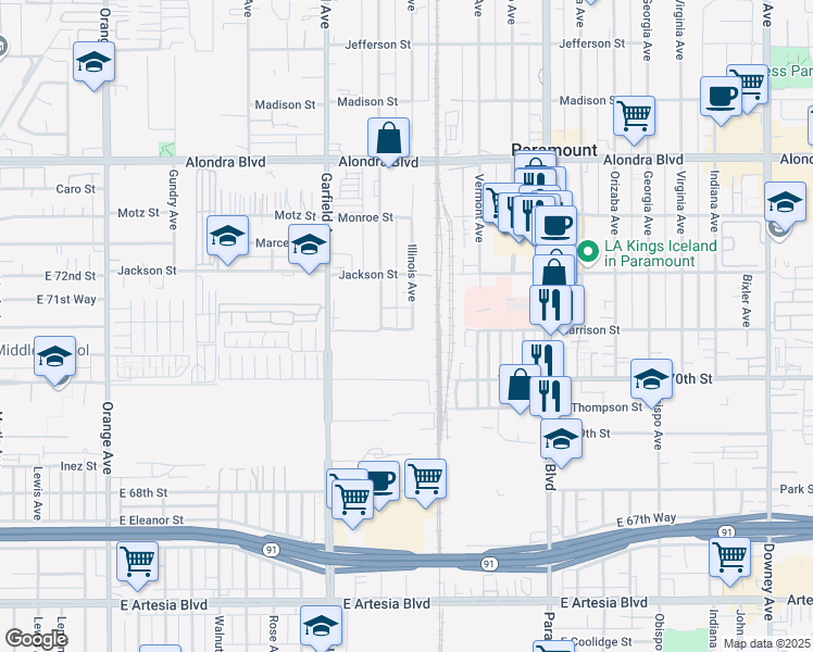 map of restaurants, bars, coffee shops, grocery stores, and more near 16459 Illinois Avenue in Paramount