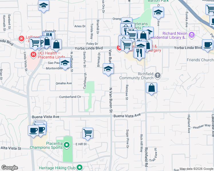 map of restaurants, bars, coffee shops, grocery stores, and more near 1536 Olympic Avenue in Placentia