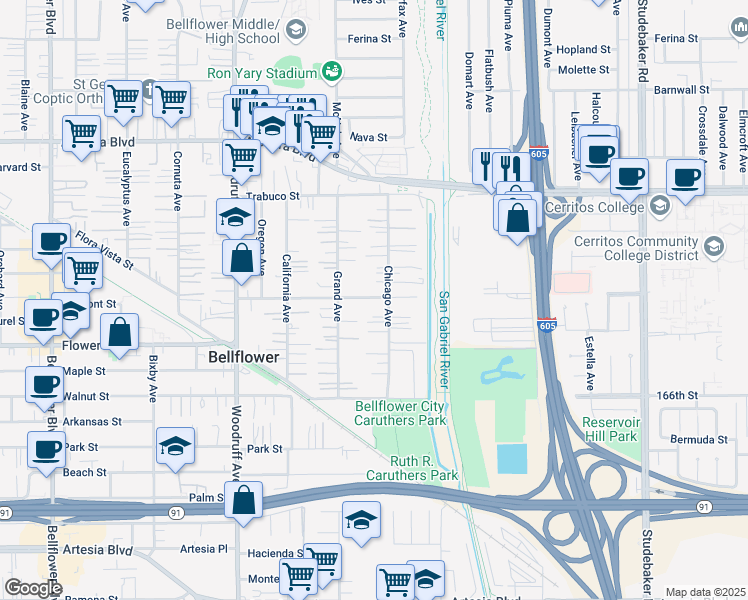 map of restaurants, bars, coffee shops, grocery stores, and more near 10442 Midway Street in Bellflower