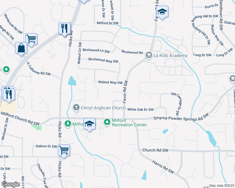 map of restaurants, bars, coffee shops, grocery stores, and more near 605 Kaylins Court Southwest in Marietta