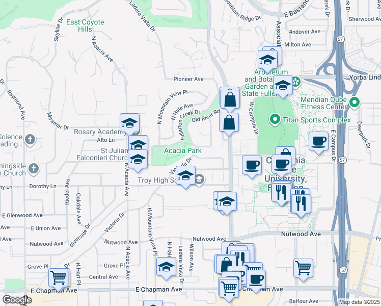 map of restaurants, bars, coffee shops, grocery stores, and more near 2225 Victoria Drive in Fullerton