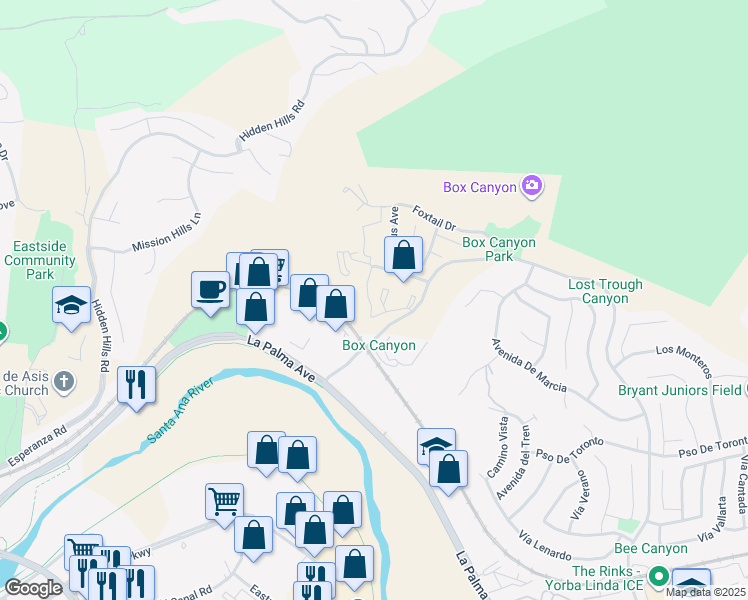 map of restaurants, bars, coffee shops, grocery stores, and more near 5310 Silver Canyon Road in Yorba Linda