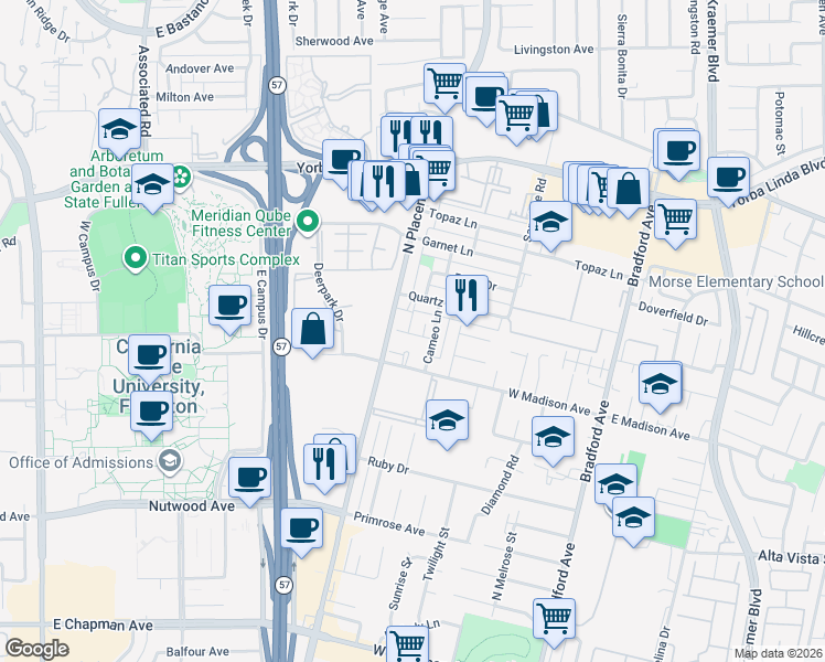 map of restaurants, bars, coffee shops, grocery stores, and more near 1323 Cameo Lane in Fullerton