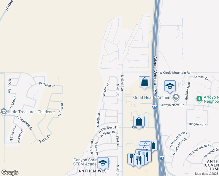 map of restaurants, bars, coffee shops, grocery stores, and more near 4312 West Dorsaneo Lane in Phoenix