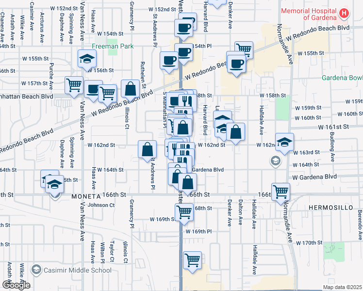 map of restaurants, bars, coffee shops, grocery stores, and more near 1730 139th Street in Gardena