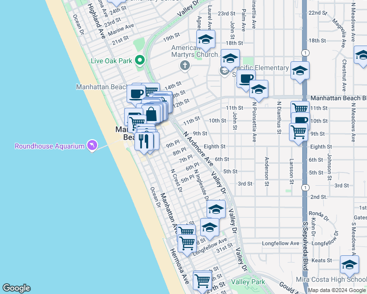 map of restaurants, bars, coffee shops, grocery stores, and more near 436 9th Street in Manhattan Beach