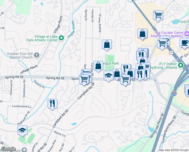 map of restaurants, bars, coffee shops, grocery stores, and more near 2831 Carolyn Drive in Smyrna
