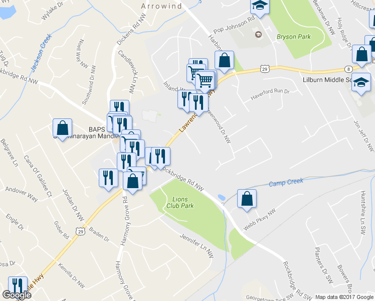 map of restaurants, bars, coffee shops, grocery stores, and more near 5414 Lawrenceville Highway in Lilburn