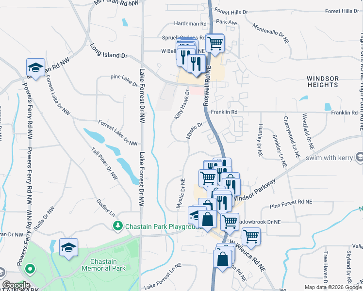 map of restaurants, bars, coffee shops, grocery stores, and more near 4714 Kitty Hawk Drive in Sandy Springs