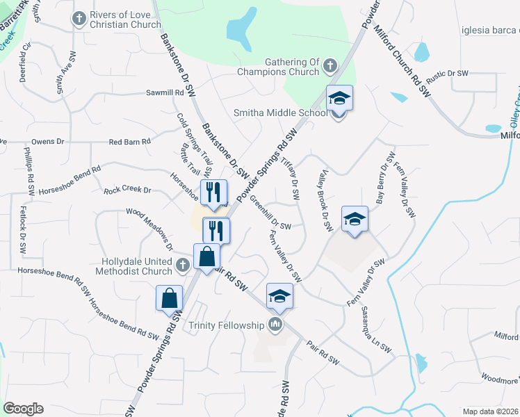 map of restaurants, bars, coffee shops, grocery stores, and more near 2153 Greenhill Drive Southwest in Marietta