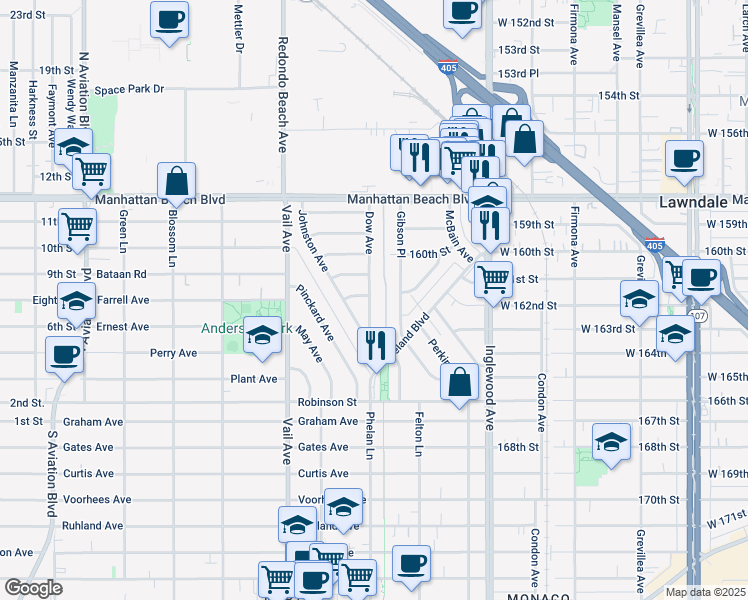map of restaurants, bars, coffee shops, grocery stores, and more near 3011 Dow Avenue in Redondo Beach