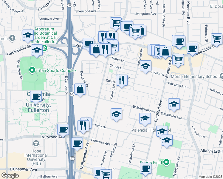 map of restaurants, bars, coffee shops, grocery stores, and more near 1305 Cameo Lane in Fullerton