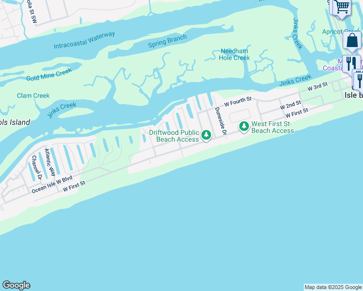 map of restaurants, bars, coffee shops, grocery stores, and more near 244 West 1st Street in Ocean Isle Beach