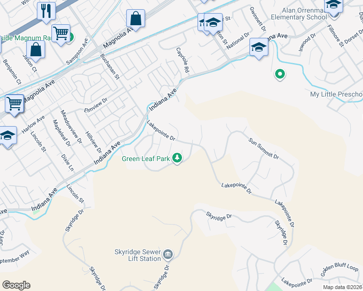 map of restaurants, bars, coffee shops, grocery stores, and more near 16253 Green Leaf Court in Riverside