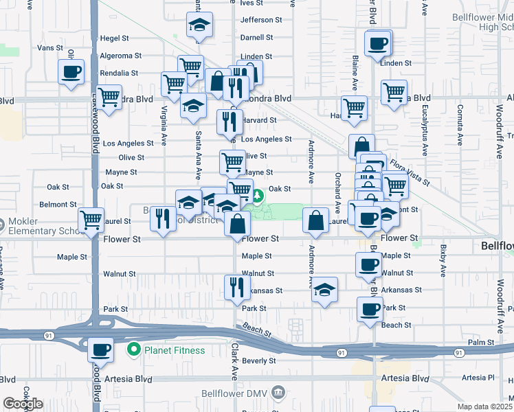 map of restaurants, bars, coffee shops, grocery stores, and more near 16614 Clark Avenue in Bellflower
