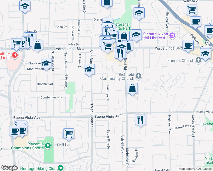 map of restaurants, bars, coffee shops, grocery stores, and more near 5312 Liverpool Street in Yorba Linda