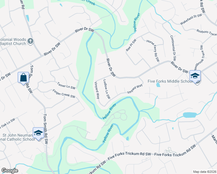 map of restaurants, bars, coffee shops, grocery stores, and more near 725 Ludlow Lane Southwest in Lawrenceville