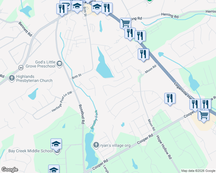 map of restaurants, bars, coffee shops, grocery stores, and more near 2690 Tyler Bay Lane in Grayson