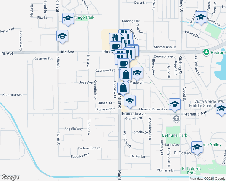 map of restaurants, bars, coffee shops, grocery stores, and more near 16295 Starview Street in Moreno Valley