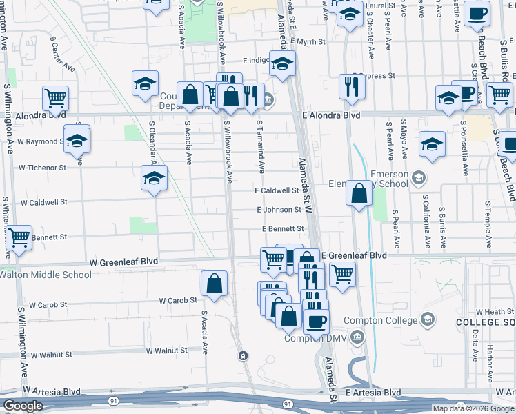 map of restaurants, bars, coffee shops, grocery stores, and more near 1400 South Tamarind Avenue in Compton