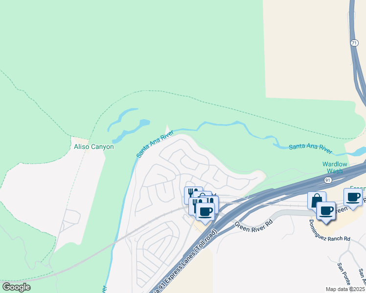 map of restaurants, bars, coffee shops, grocery stores, and more near 4848 Feather River Road in Corona
