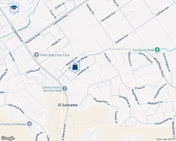 map of restaurants, bars, coffee shops, grocery stores, and more near 12113 Jonathan Drive in Riverside