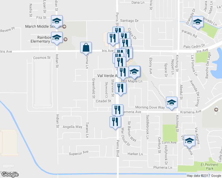 map of restaurants, bars, coffee shops, grocery stores, and more near 16295 Starview Street in Moreno Valley