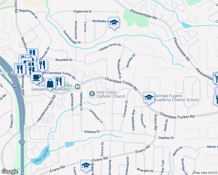 map of restaurants, bars, coffee shops, grocery stores, and more near 3833 Savannah Square East in Atlanta
