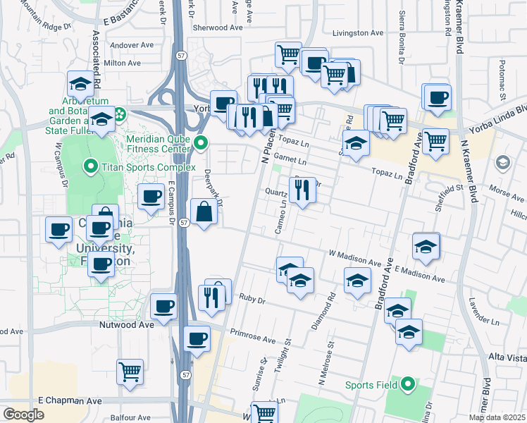 map of restaurants, bars, coffee shops, grocery stores, and more near 1306 North Placentia Avenue in Fullerton