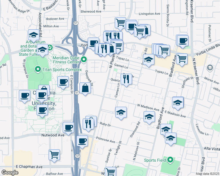 map of restaurants, bars, coffee shops, grocery stores, and more near 1306 North Placentia Avenue in Fullerton