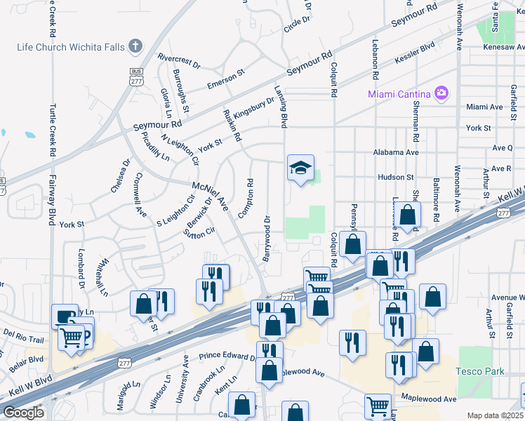 map of restaurants, bars, coffee shops, grocery stores, and more near 2 Merryhill Circle in Wichita Falls