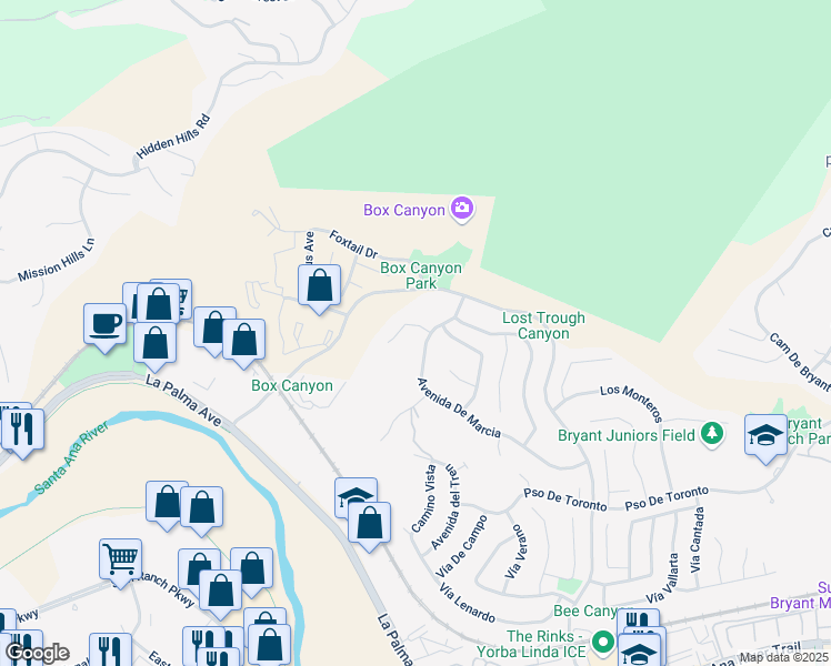 map of restaurants, bars, coffee shops, grocery stores, and more near 5210 Avenida De Kristine in Yorba Linda