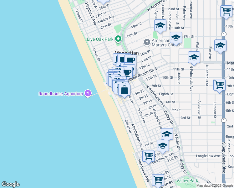 map of restaurants, bars, coffee shops, grocery stores, and more near 124 11th Street in Manhattan Beach