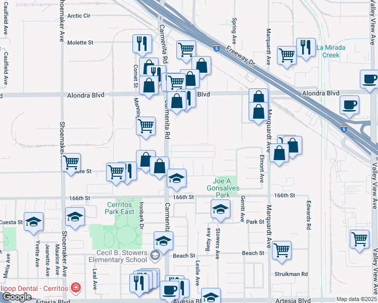 map of restaurants, bars, coffee shops, grocery stores, and more near Village Drive in Cerritos