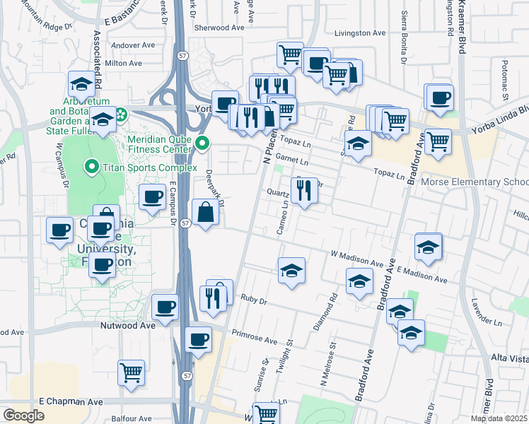 map of restaurants, bars, coffee shops, grocery stores, and more near 1306 North Placentia Avenue in Fullerton