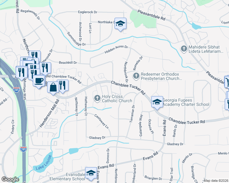 map of restaurants, bars, coffee shops, grocery stores, and more near 3850 Savannah Square West in Atlanta