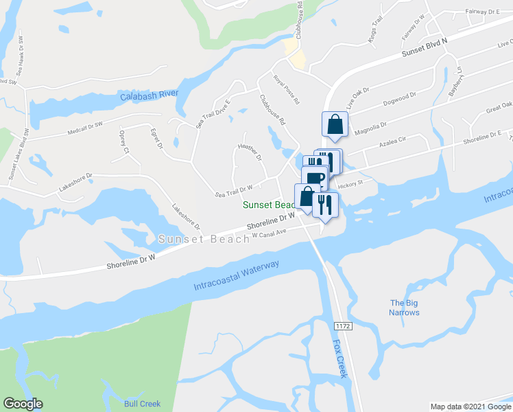 map of restaurants, bars, coffee shops, grocery stores, and more near 254 Olde Oak Lane in Sunset Beach
