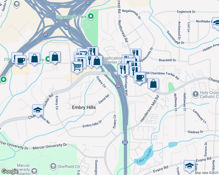 map of restaurants, bars, coffee shops, grocery stores, and more near 3671 Embry Circle in Chamblee