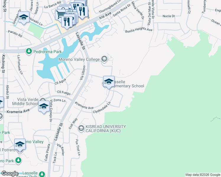 map of restaurants, bars, coffee shops, grocery stores, and more near 26446 Krameria Avenue in Moreno Valley