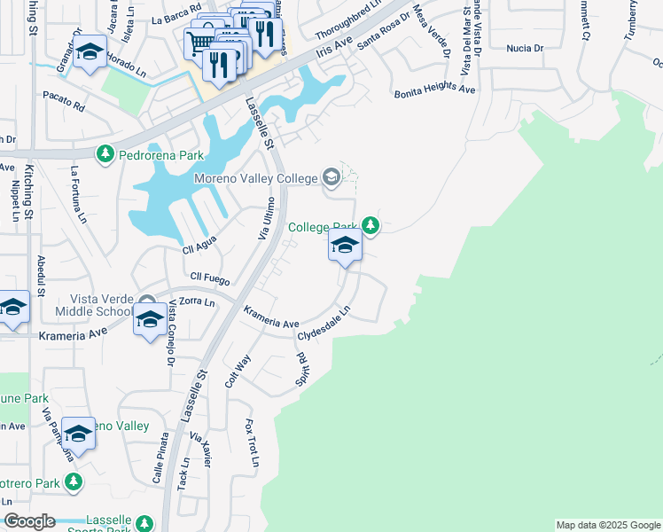 map of restaurants, bars, coffee shops, grocery stores, and more near 26446 Krameria Avenue in Moreno Valley