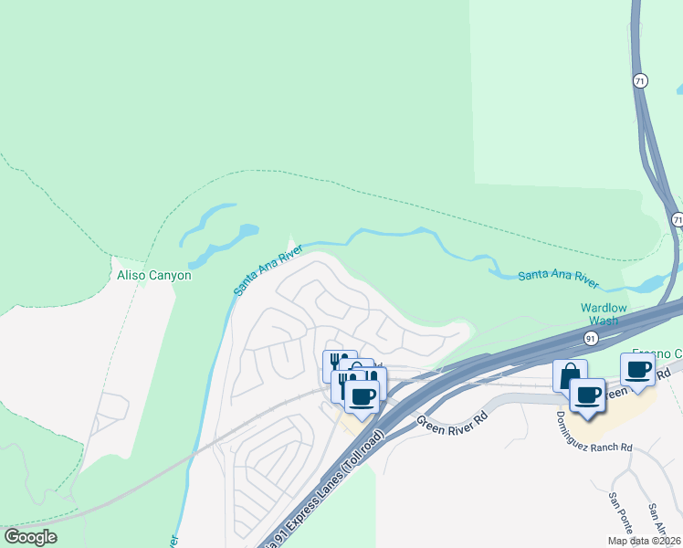 map of restaurants, bars, coffee shops, grocery stores, and more near 4712 Golden Ridge Drive in Corona